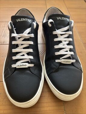 Valentino Black Leather Low-Top Sneakers with White Laces